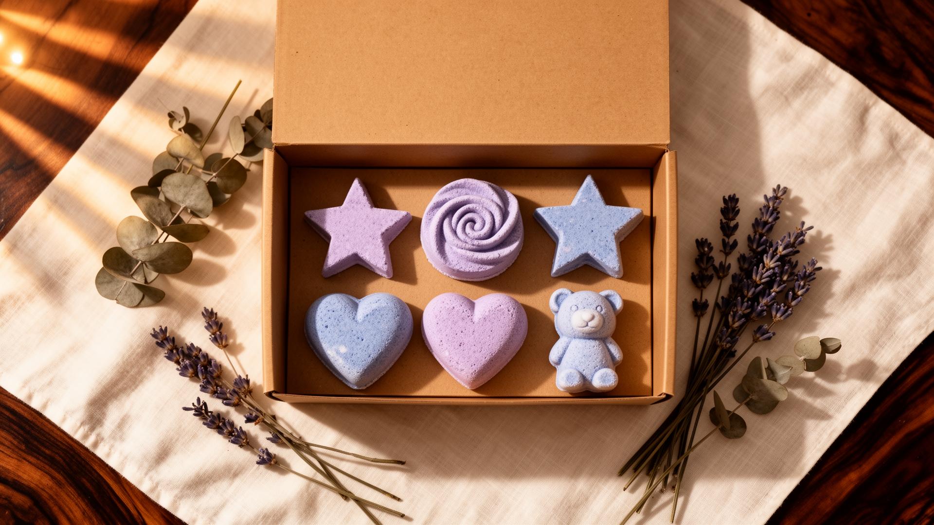 Six handmade bath bombs in soft purple and blue arranged in an open kraft gift box with eucalyptus and lavender